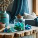 Close-up of an airtight glass apothecary jar with cork lid holding colorful THC gummies on a weathered driftwood console, with sea-glass and an ocean-blue ceramic crock in soft coastal daylight, blurred open shelving and a linen sofa behind.
