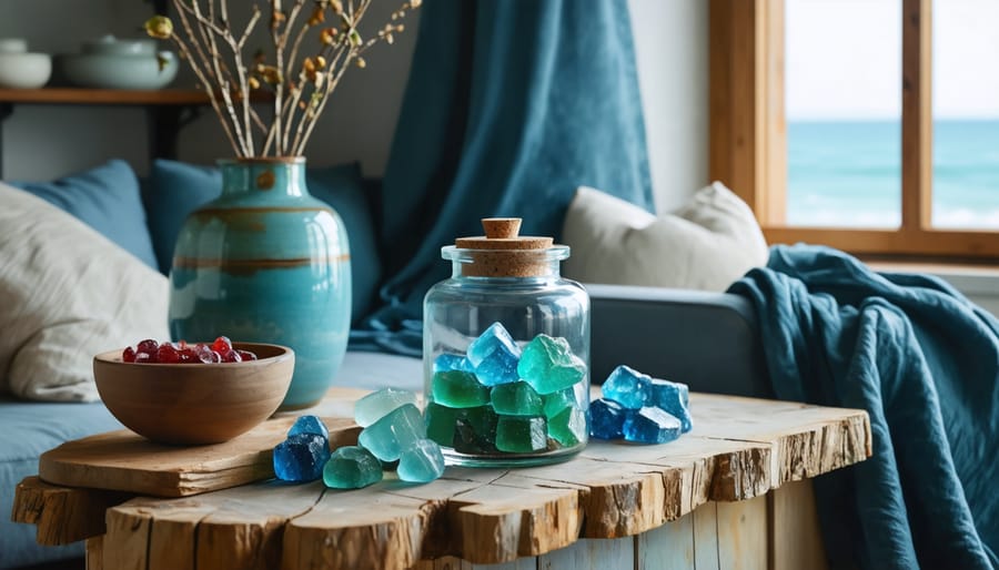 Close-up of an airtight glass apothecary jar with cork lid holding colorful THC gummies on a weathered driftwood console, with sea-glass and an ocean-blue ceramic crock in soft coastal daylight, blurred open shelving and a linen sofa behind.
