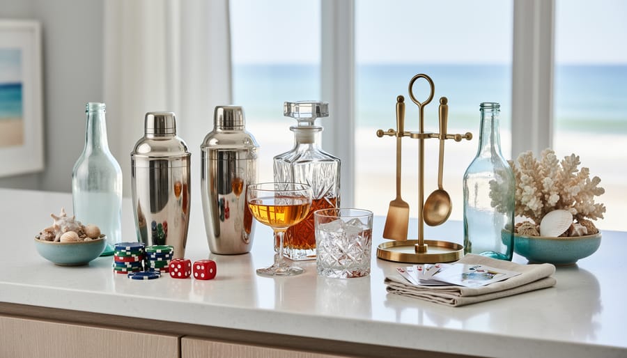 Styled bar shelving with glassware, vintage poker chips, and coastal accessories