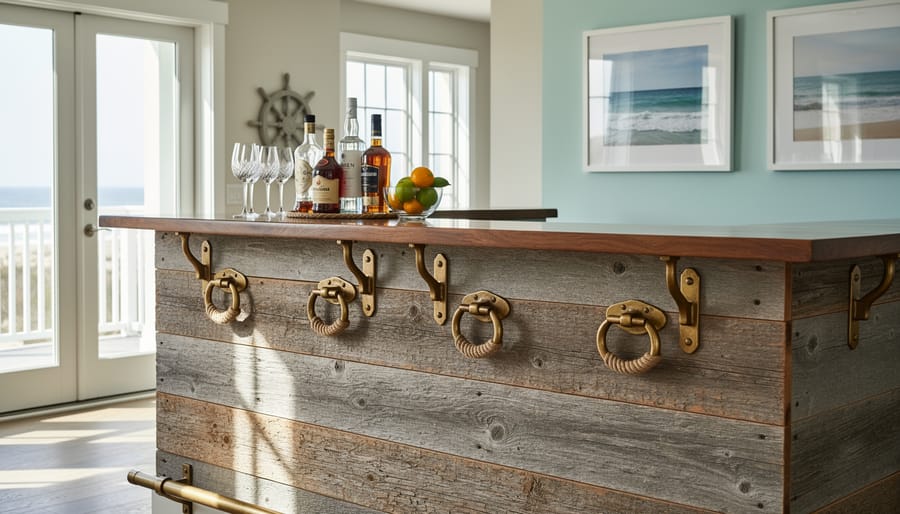 Coastal style home bar with reclaimed driftwood finish and brass nautical hardware details
