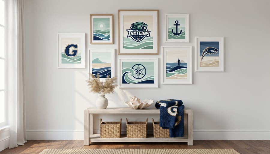Wall display featuring sports memorabilia in coastal-inspired frames arranged in gallery style