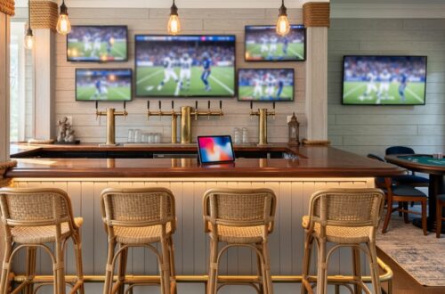 Southern coastal home sports bar interior with weathered shiplap walls, mahogany bar top, brass fixtures, rope accents, rattan barstools, and warm Edison lighting, with blurred TVs and a rug-defined poker-table zone in the background; a tablet rests on the bar with its screen content abstracted.