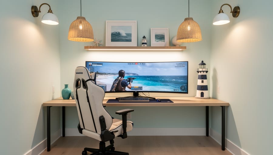 Coastal-style pendant light fixture with rope detailing providing ambient workspace lighting