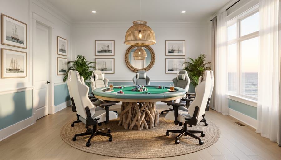 Coastal-themed home office setup with weathered wood desk and ergonomic seating in soft blues