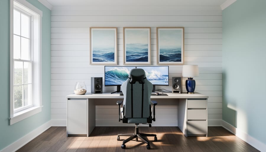 Coastal wall decor featuring whitewashed shiplap and framed ocean artwork with natural accents