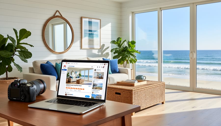 Person photographing coastal bedroom decor with smartphone for social sharing