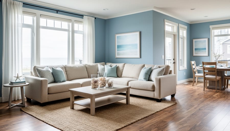 Modern Calgary living room featuring coastal-inspired blue and neutral paint colors with natural lighting