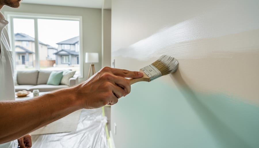 Professional painter applying coastal blue paint to interior wall with brush technique