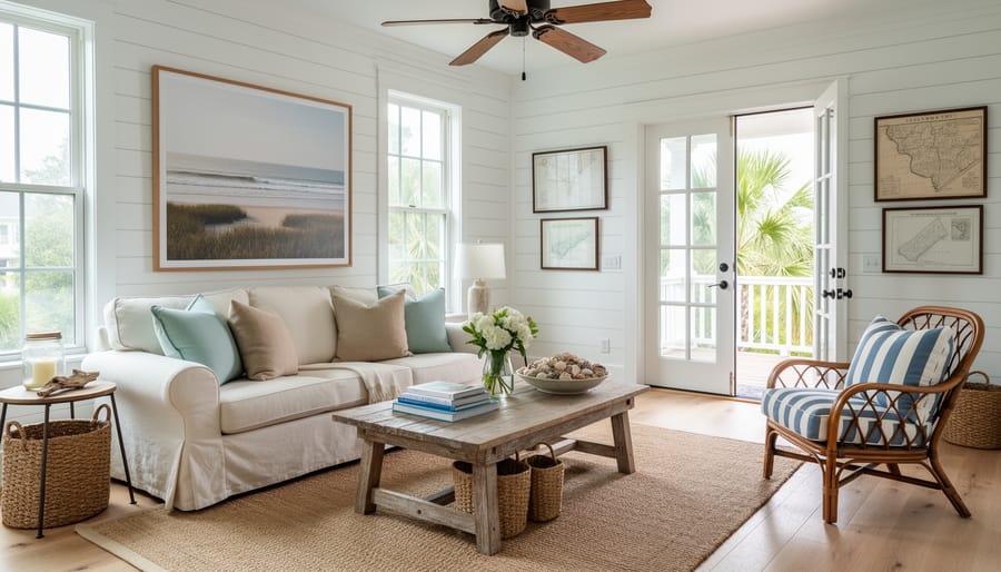 Southern coastal living room with whitewashed walls, natural textures, and soft blue accents