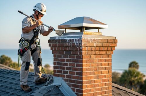 Technician wearing a safety harness inspects a masonry chimney with a stainless steel cap showing light rust and salt residue on a Florida coastal rooftop, with the ocean and palm trees softly blurred in the background at golden hour.