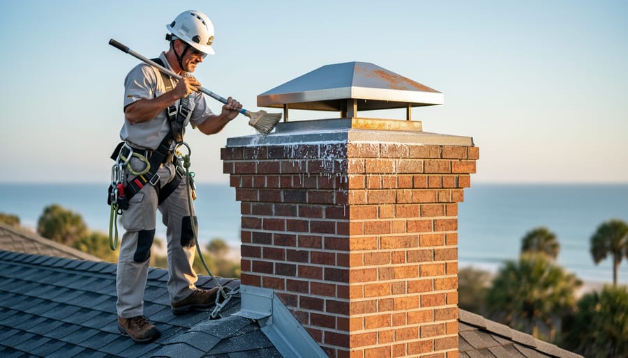 Technician wearing a safety harness inspects a masonry chimney with a stainless steel cap showing light rust and salt residue on a Florida coastal rooftop, with the ocean and palm trees softly blurred in the background at golden hour.