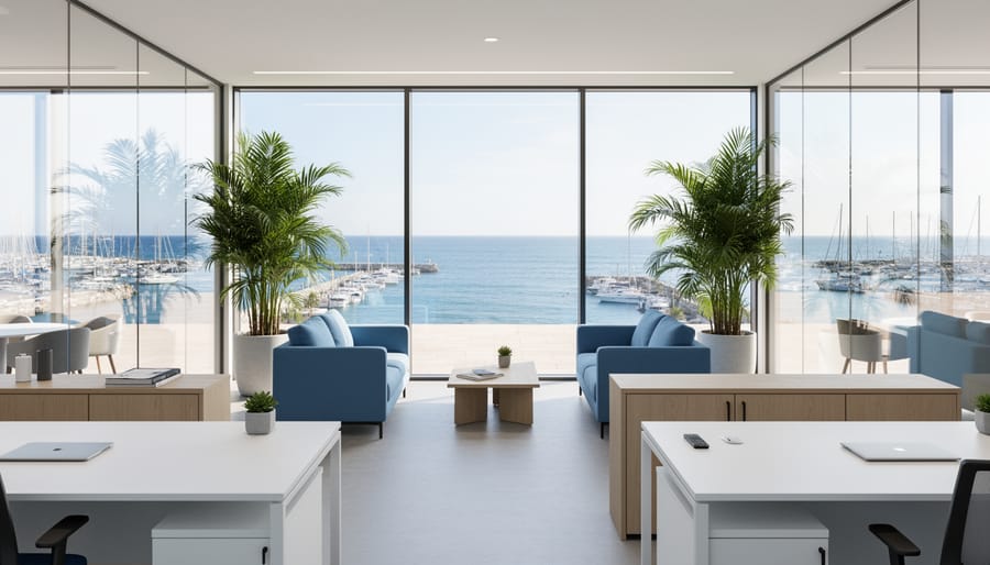 Staged coastal commercial office with white desks, soft blue chairs, light wood accents, glass partitions, and potted palms, lit by soft daylight, with floor-to-ceiling windows revealing a slightly blurred marina and terrace outside.