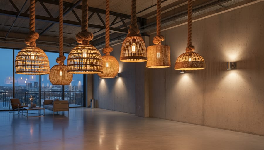 Rope pendant light with woven shade hanging from industrial ceiling beam