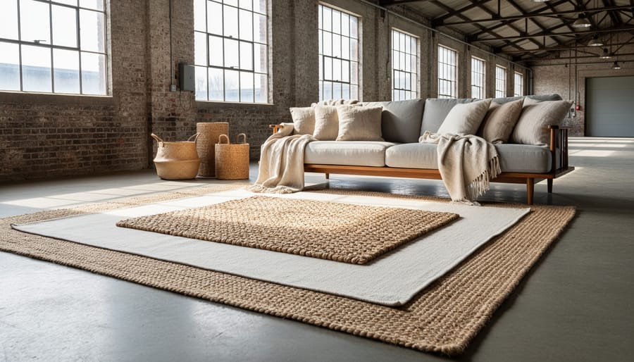 Close-up of natural coastal textiles layered over industrial concrete floor