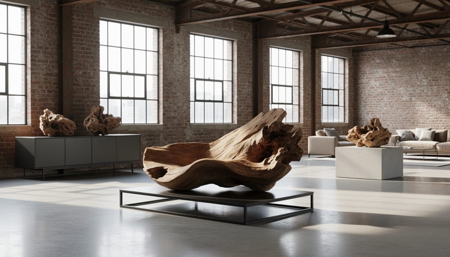 Large driftwood sculpture displayed on wooden console against industrial brick wall