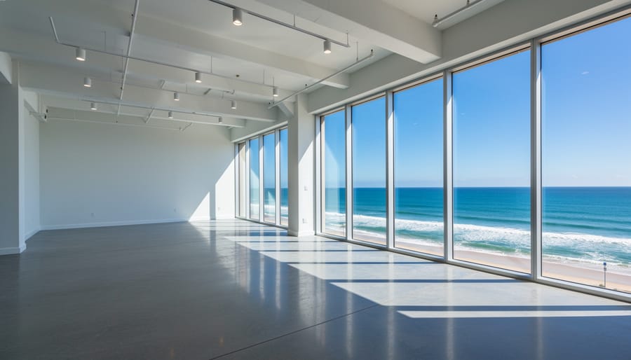 Vacant coastal commercial space with ocean-view windows and empty interior