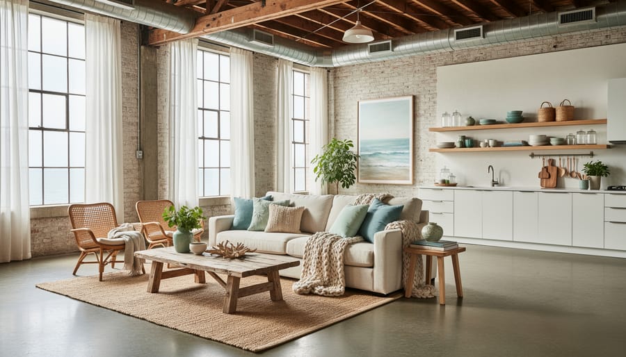 Industrial loft living space decorated with coastal style furniture and soft textiles