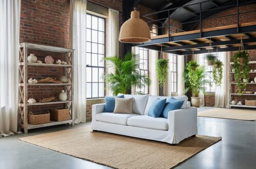 Eye-level wide shot of an industrial warehouse loft transformed with coastal decor, featuring gauzy white curtains over brick walls, jute rugs on concrete floors, a whitewashed sofa, reclaimed-wood shelves with shells and baskets, a rope-wrapped pendant, and tall palms and hanging planters, with steel beams, tall windows, and a mezzanine in the background.