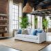 Eye-level wide shot of an industrial warehouse loft transformed with coastal decor, featuring gauzy white curtains over brick walls, jute rugs on concrete floors, a whitewashed sofa, reclaimed-wood shelves with shells and baskets, a rope-wrapped pendant, and tall palms and hanging planters, with steel beams, tall windows, and a mezzanine in the background.
