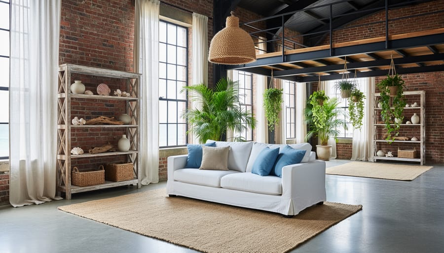 Eye-level wide shot of an industrial warehouse loft transformed with coastal decor, featuring gauzy white curtains over brick walls, jute rugs on concrete floors, a whitewashed sofa, reclaimed-wood shelves with shells and baskets, a rope-wrapped pendant, and tall palms and hanging planters, with steel beams, tall windows, and a mezzanine in the background.