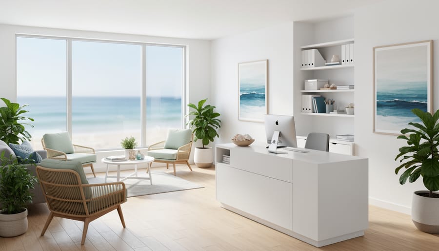 Professionally staged coastal office reception area with beach-inspired decor and ocean views
