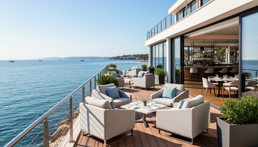 Staged waterfront restaurant space with ocean views and coastal-inspired table settings