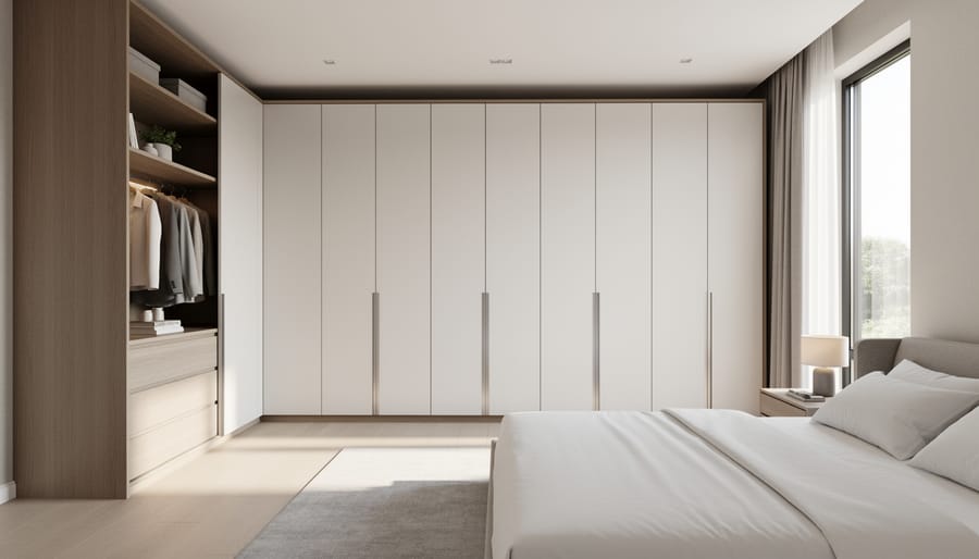 Gray built-in wardrobe system in bedroom with open and closed storage sections