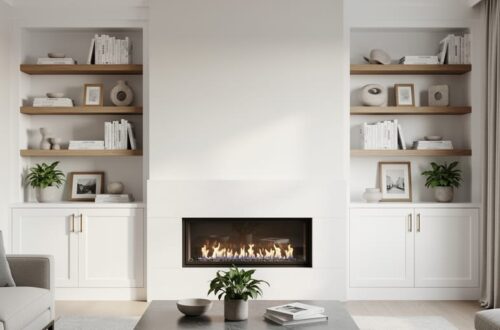 Modern living room showcasing a fireplace with white stone surround, flanked by white built-in cabinets and open oak shelves styled with books and decor; a sofa and coffee table sit softly out of focus in the background