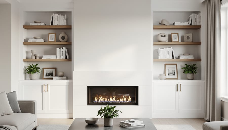 Modern living room showcasing a fireplace with white stone surround, flanked by white built-in cabinets and open oak shelves styled with books and decor; a sofa and coffee table sit softly out of focus in the background