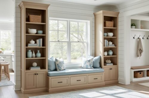 Southern-coastal nook with a built-in window seat with storage and floor-to-ceiling shiplap bookcases, sunlit from the side, with a softly blurred kitchen banquette and mudroom bench in the background.