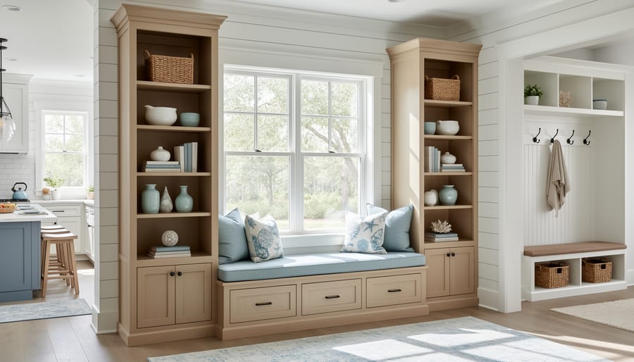 Southern-coastal nook with a built-in window seat with storage and floor-to-ceiling shiplap bookcases, sunlit from the side, with a softly blurred kitchen banquette and mudroom bench in the background.