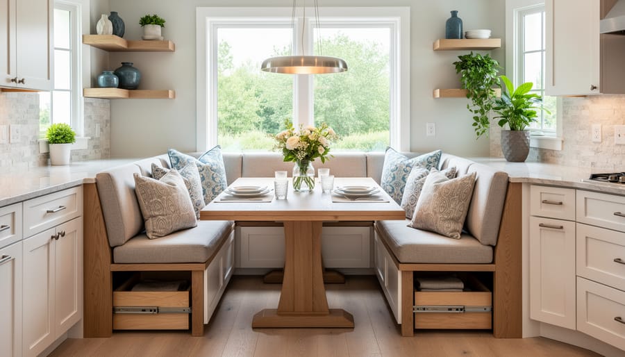 Built-in breakfast nook with storage drawers in white coastal kitchen