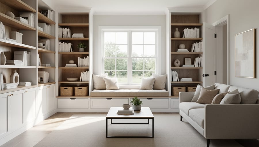 White built-in bookcase with window seat in coastal living room