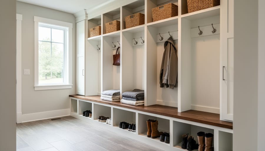 White built-in mudroom bench with storage cubbies and coat hooks