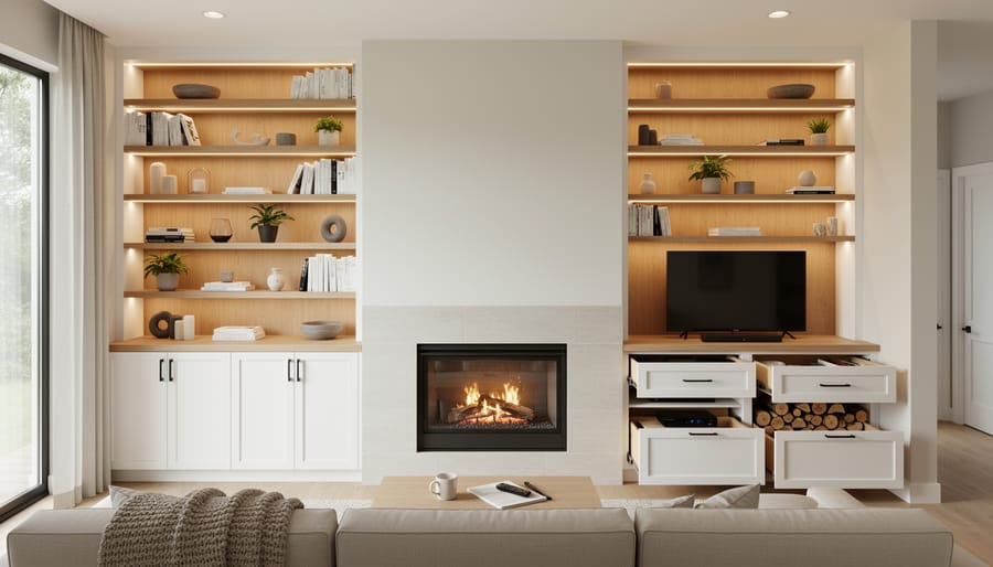 Interior of custom built-in cabinet showing adjustable shelves, LED lighting, and organizational features