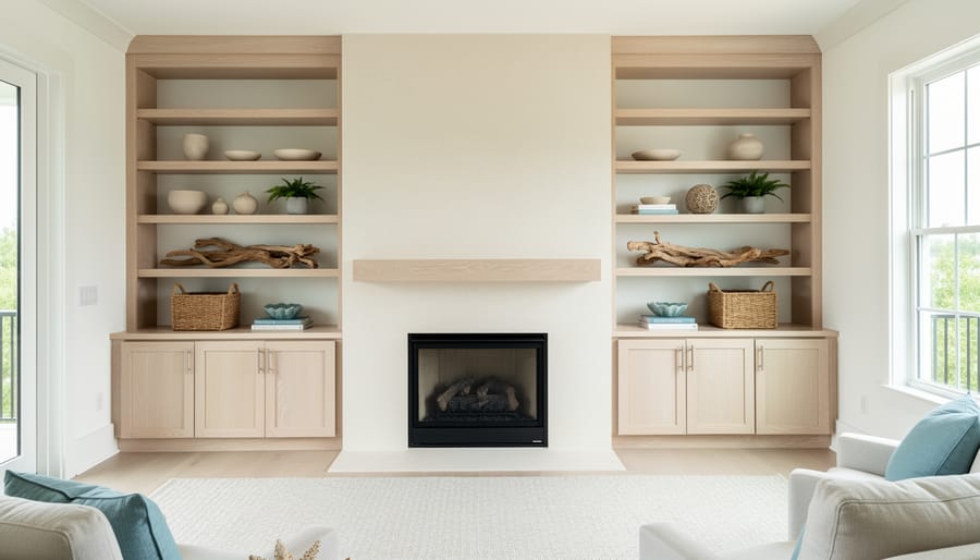 Light wood open shelving with beadboard backing surrounding white fireplace in coastal style room