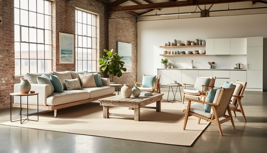 Industrial warehouse interior with coastal design elements including natural fiber rug and linen furniture