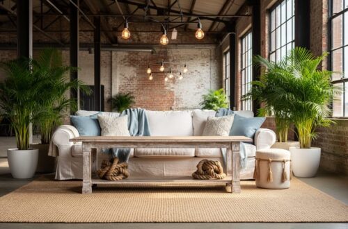 Coastal-inspired living area inside an industrial warehouse, with linen sofa, jute rug, weathered wood console, rope accents, Edison bulb lights, potted palms, and tall factory windows in soft afternoon light.