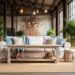 Coastal-inspired living area inside an industrial warehouse, with linen sofa, jute rug, weathered wood console, rope accents, Edison bulb lights, potted palms, and tall factory windows in soft afternoon light.