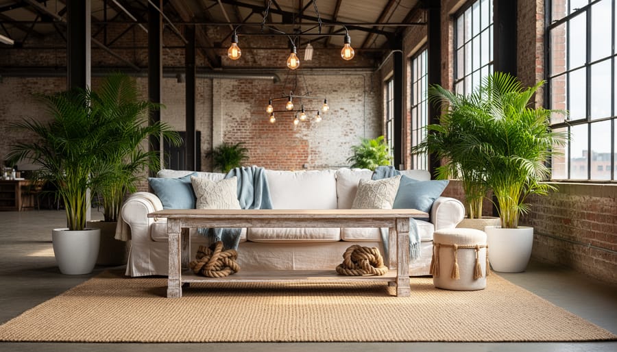 Coastal-inspired living area inside an industrial warehouse, with linen sofa, jute rug, weathered wood console, rope accents, Edison bulb lights, potted palms, and tall factory windows in soft afternoon light.