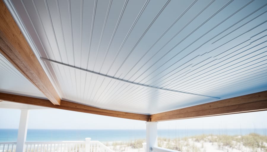 Low-angle view of a coastal porch ceiling finished in white PVC beadboard with a subtle haint-blue tint and hidden fasteners, with white railing, dune grasses, and the ocean softly blurred in the background.