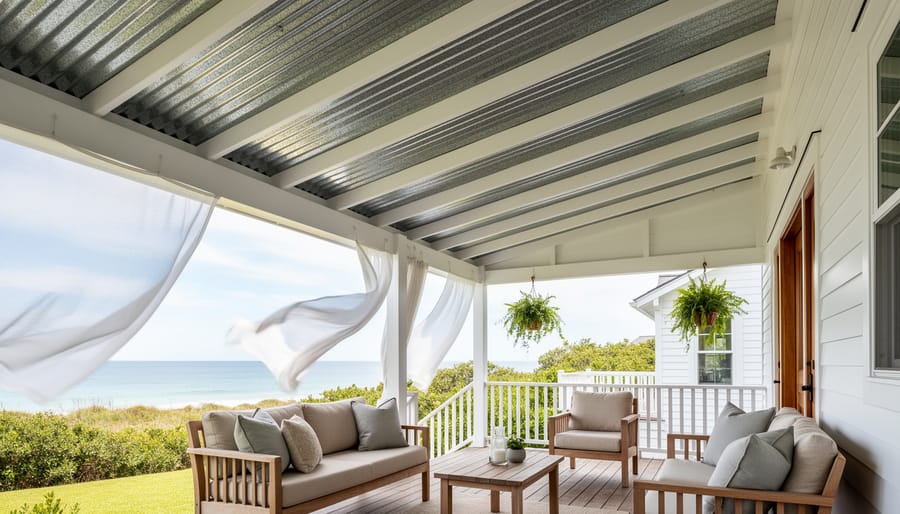 Coastal porch with corrugated metal ceiling, white furniture, and ocean view