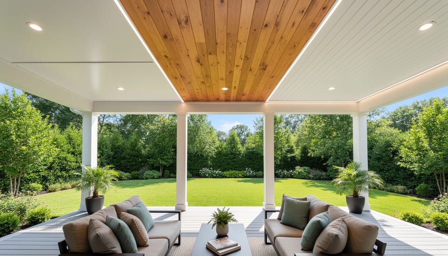 Close-up comparison of vinyl, fiber cement, and cedar porch ceiling material samples