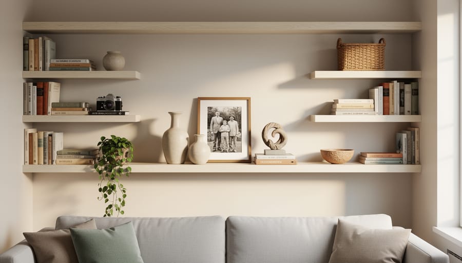 Styled built-in shelves beside fireplace with books, pottery, photos, and plants in balanced arrangement