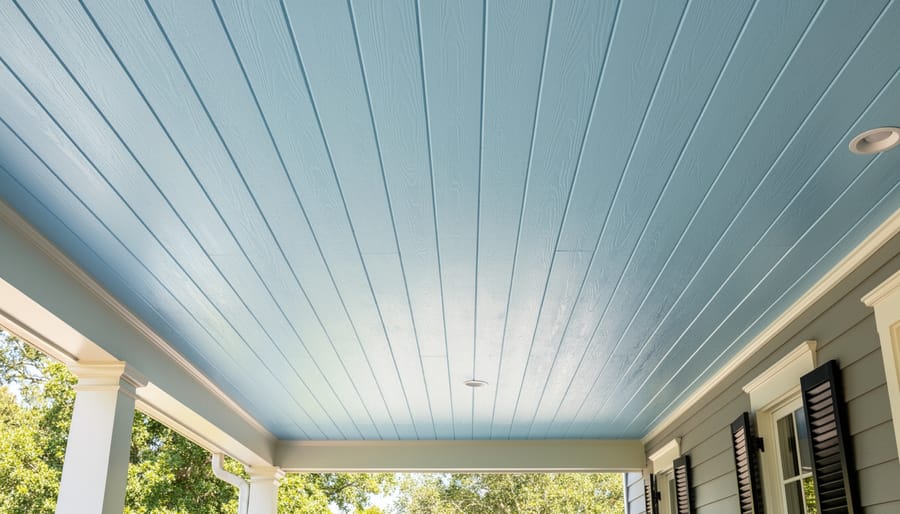 Looking up at painted blue tongue and groove wood porch ceiling with white columns