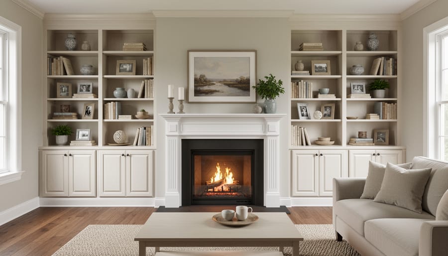 White built-in cabinets and shelves flanking brick fireplace in elegant living room