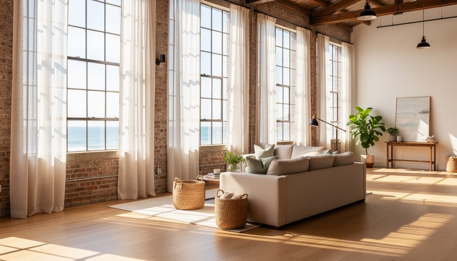 Large industrial warehouse windows with sheer curtains allowing natural light to flood interior space