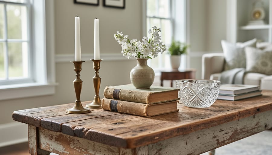 Vintage decor items on a reclaimed wooden table in an antique shop, including ironstone plates and antique linen towels.