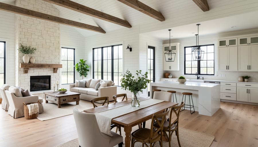 Blended farmhouse dining room with a rustic farmhouse table, matte black lighting, and neutral upholstered chairs.