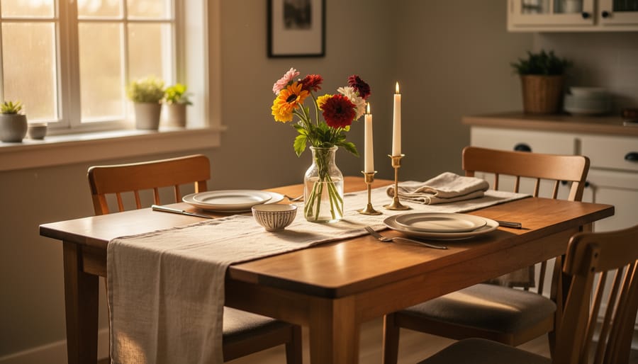 Dining table decorated with stoneware dinnerware, neutral runner, greenery centerpiece, and candle accents
